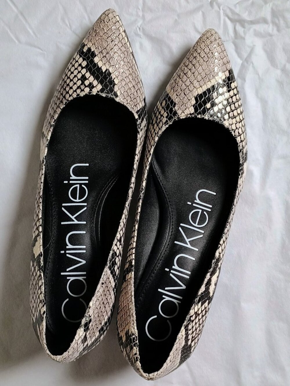 Calvin Klein Gabrianna kitten-heel pump in two-tone snakeskin print